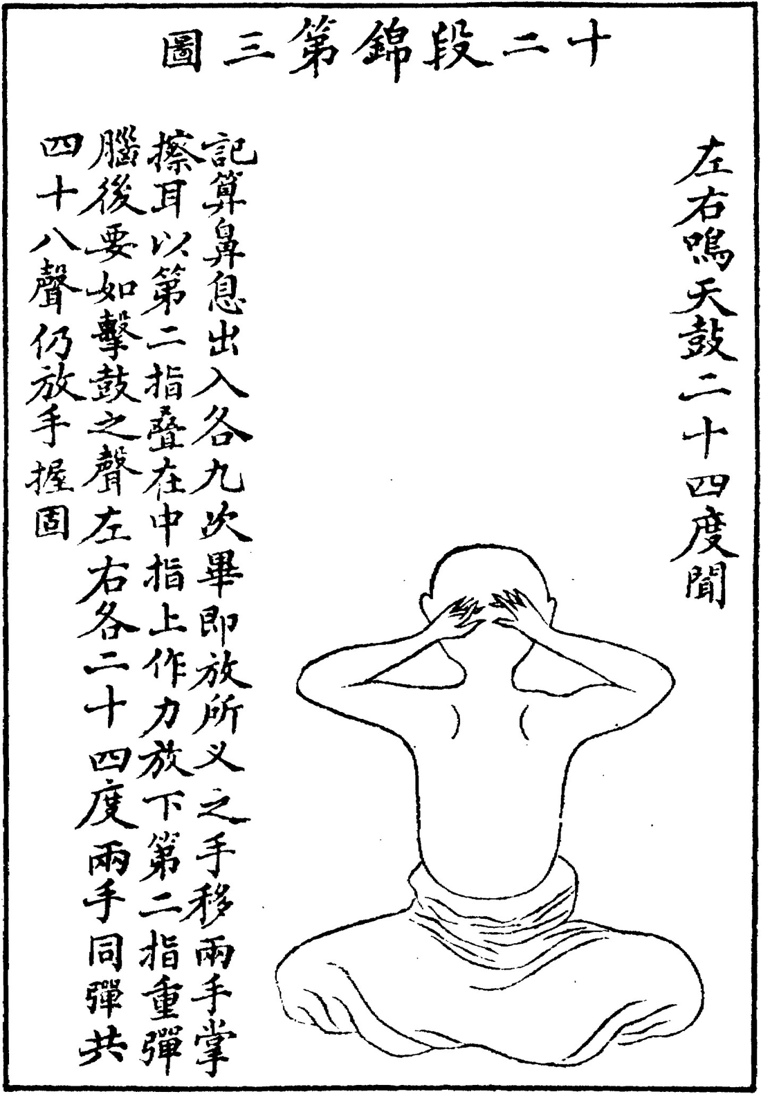 左右鳴天鼓：背面圖，兩掌覆住兩耳，十指按在後腦，食指彈擊枕骨