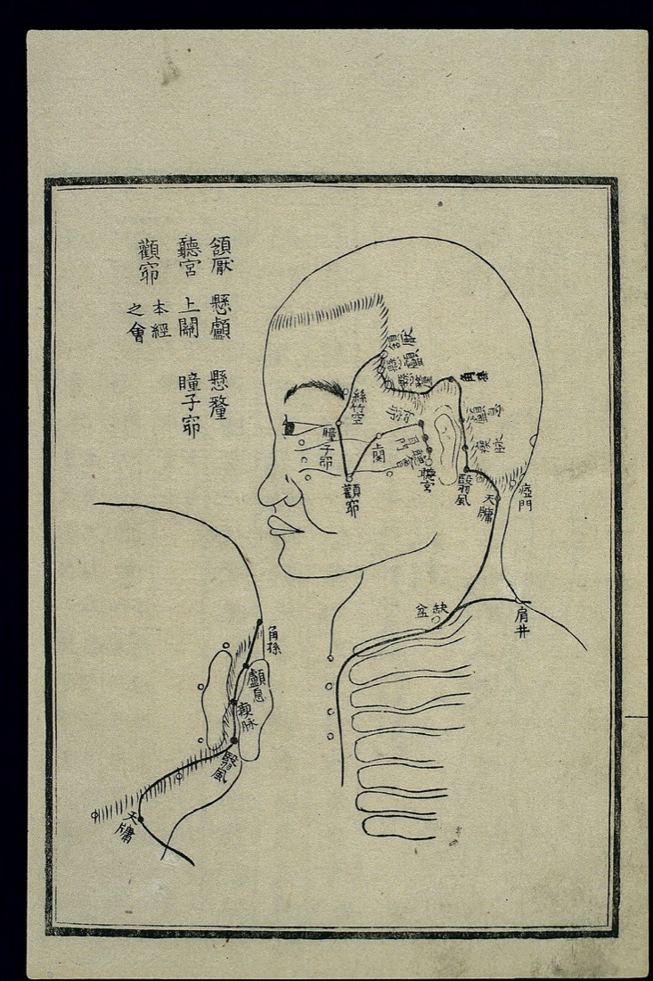日本文化四年（1807）刊本手少陽三焦經頭頸部木刻圖，耳朵周圍標著穴位